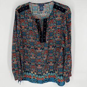 DONCASTER Collection Top 14 Multicolor Tunic Tie Neck Studded Long Sleeve Boho